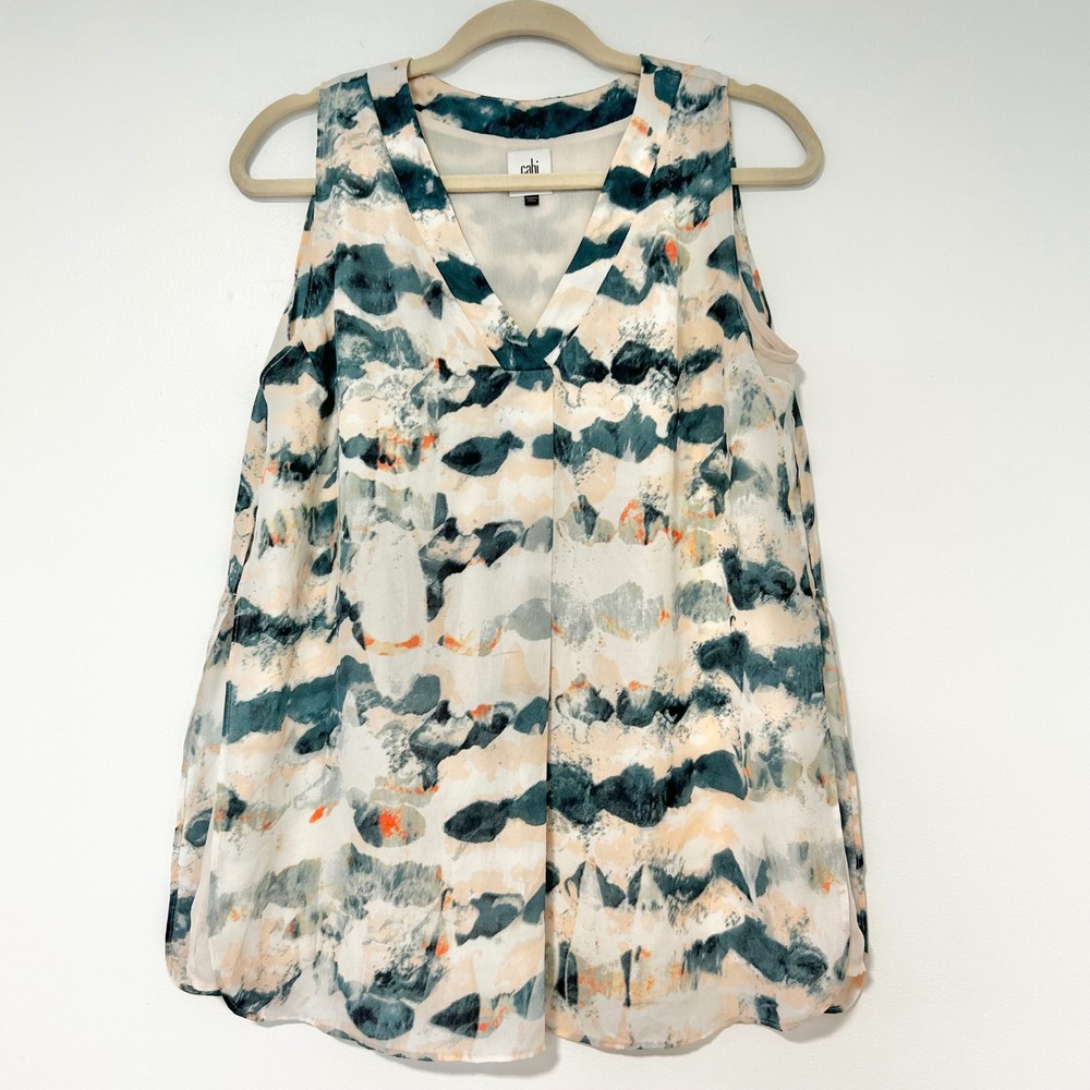 Cabi Womens Abstract Watercolor Stripe V-Neck Sleeveless Blouse Teal Peach Small